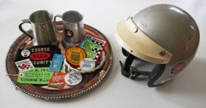 memorabilia tray and helmet
