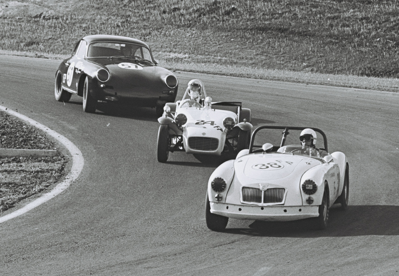 MGA leads Lotus 7 and Porsche at Sears Pt. Dec. 1968